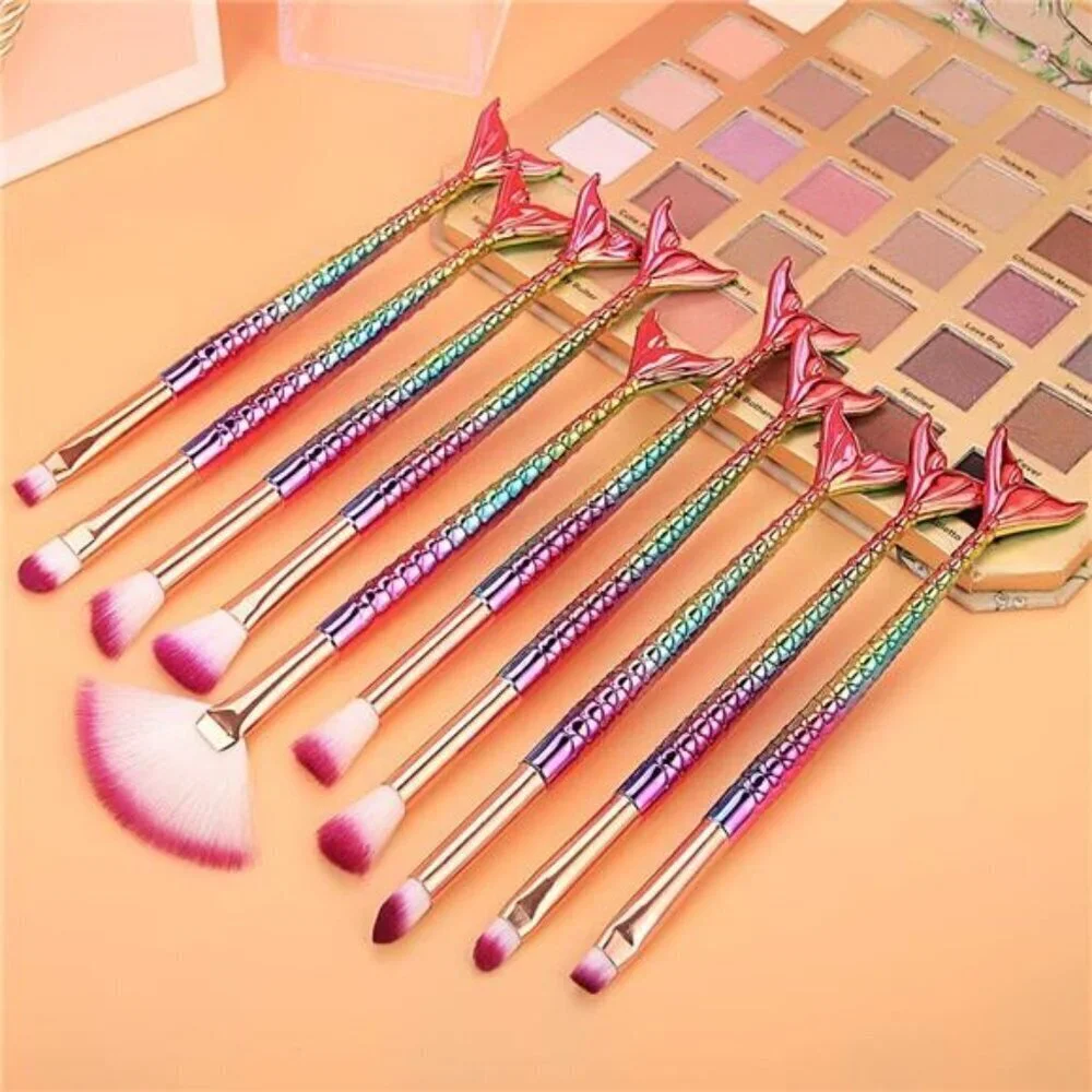 Mermaid Tail Makeup Brush Set 10 Pcs Eye Brushes Eyeshadow Concealer Brow Blend